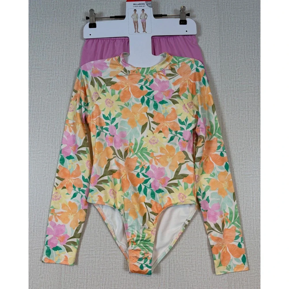 NWT Billabong Girls 2-Piece Swim Floral Rash Guard Bodysuit Shorts Pink M 10/12